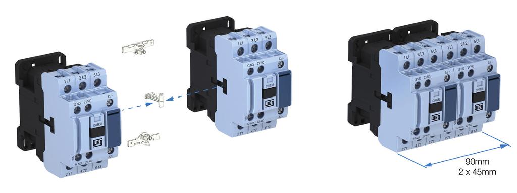 Zero-Width Mechanical Interlock For applications which require mechanical interlock between contactors, WEG has developed