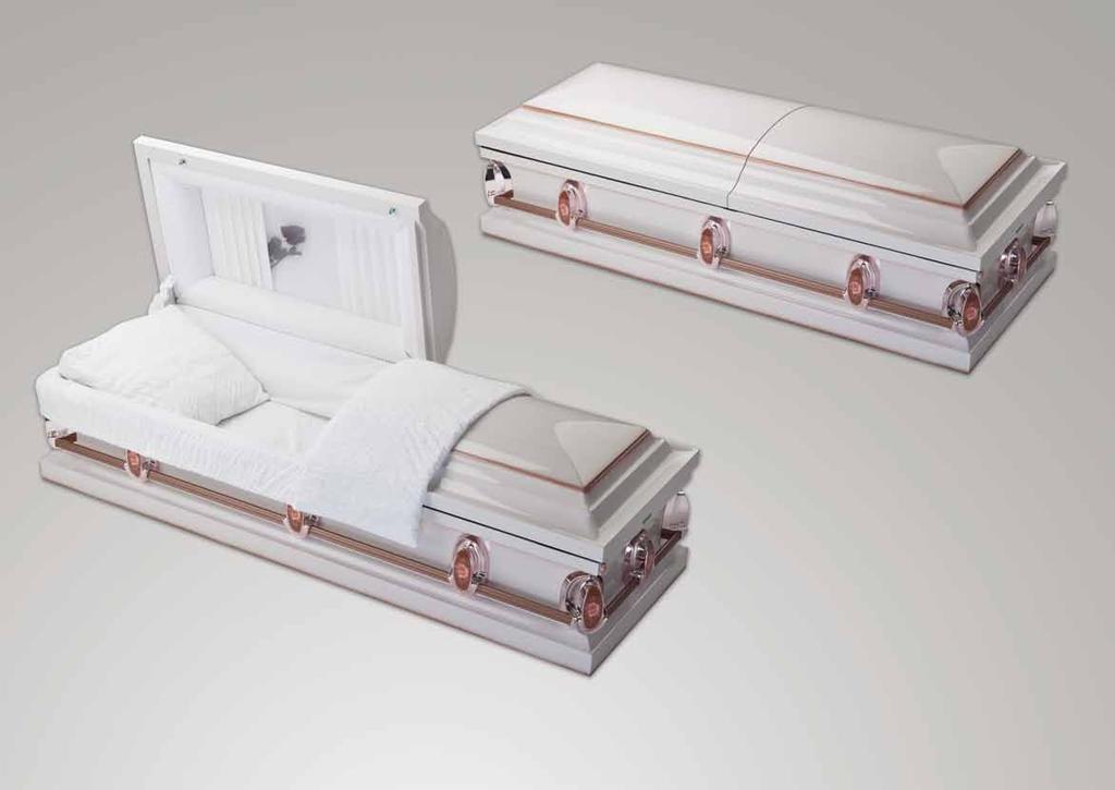 METAL COLLECTION Pearl Rose 18 gauge steel casket. White enamel finish, with copper shading. Pure white, smocked velvet interior, with pleated lid panel.
