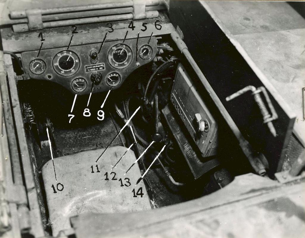 10 US Military Intelligence Report Remote-Controlled Demolition Vehicle, B IV c Photo 4: Driver s compartment. 1. Engine oil pressure gage. 8. Light switch. 2. Engine tachometer. 9.