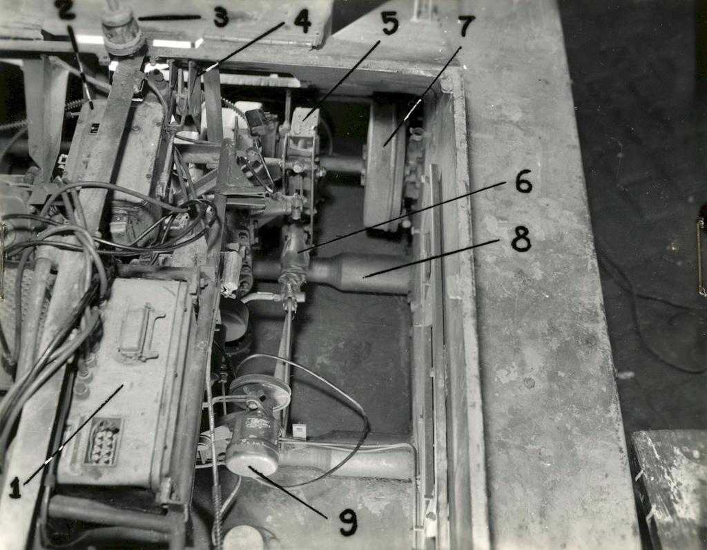 US Military Intelligence Report Remote-Controlled Demolition Vehicle, B IV c 9 Photo 3: Left side of forward compartment. (Part of control equipment has been removed). 1. Control box. 6.