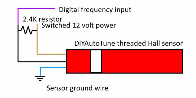 Vehicle speed sensor: This diagram shows how to use the DIYAutoTune threaded body Hall effect sensor as a driveshaft or wheel speed sensor. This particular sensor requires a 2.