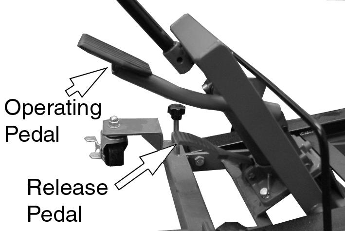 LOWERING THE LOAD 1. Pump the operating pedal to raise the load slightly and release the locking bar. 2. Push the locking bar against the ram and into the locking bar retaining clip 3.