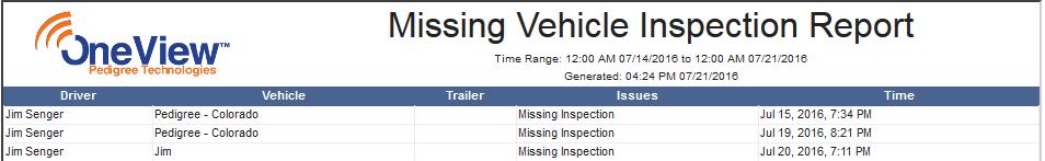 Missing Vehicle Inspection Report Run this report on vehicles or drivers to make sure that inspections are being submitted daily.