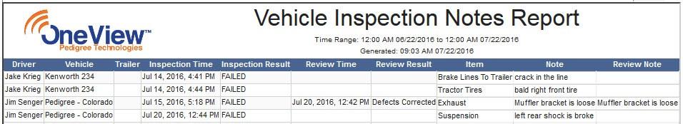 Vehicle Inspection Notes Report Run on vehicles or drivers to see inspections that include notes.