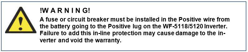 A UL listed 250 Amp DC rated slow blow fuse or circuit breaker must be installed in the Positive battery cable within