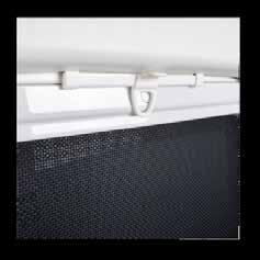 Highly durable glass Highly resistant safety mesh Four-point locking system Easy to operate chrome door lever Integrated blind that blocks incoming light KEEP SAFE Four-point