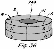 Fig.36 is a perspective view of the permanent magnet rotor member of the rotary motion device of Fig.34; Fig.