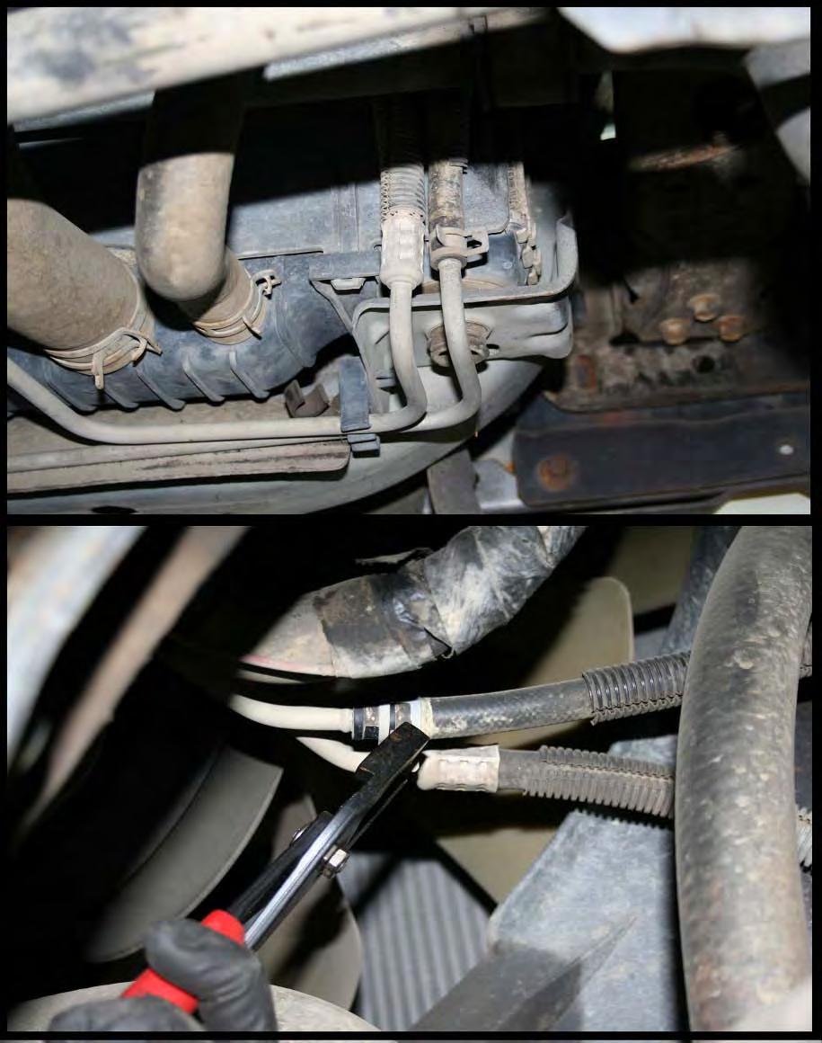 Remove the two lower transmission cooler bolts and remove the cooler from the truck (8mm).