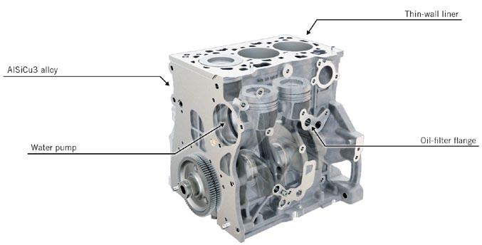 head can be produced extremely economically on the same production line as the four-cylinder unit.