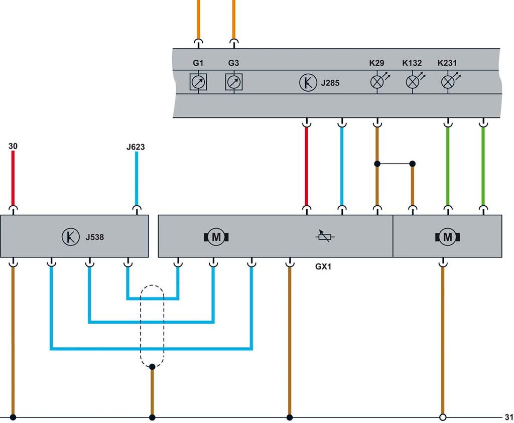 Functional diagram CAN data bus Legend S467 022 GX1 Fuel delivery unit G1 Fuel gauge G3 Coolant temperature gauge J285 Control unit in dash panel insert J538 Fuel pump control unit J623