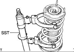 Page 5 of 11 a. Install 2 nuts and a bolt to the bracket at the lower part of the shock absorber, and secure it in a vise. b. Using SST, compress the coil spring.