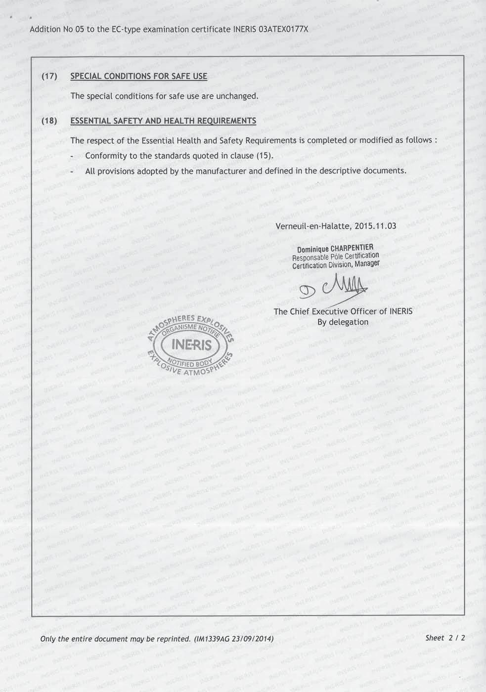 Intrinsic Safety Certification A full size copy of the certificate can be obtained from SKC customer