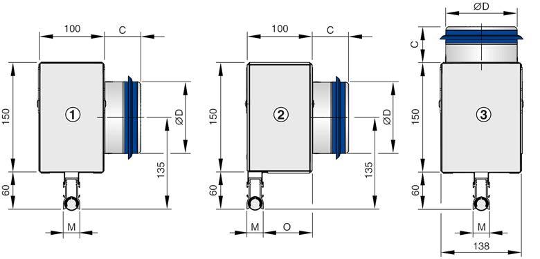 3: Plenum box variants 1 PL18-*-HS (symmetric position of plenum box, side entry spigot) 2 PL18-*-HA