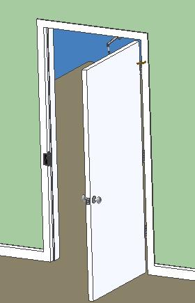 POSITION IT IN THE DOOR FRAME, FRONT TO BACK, SO THAT WHEN THE DOOR IS CLOSED