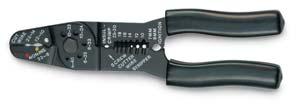 Scissor action strips stranded 26-10 AWG and solid 18-8 AWG wire. Two convenient wire cutting stations.