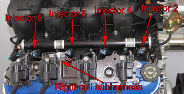 6. At the back of the engine, the drop on harness has a connector for the oil pressure sensor.