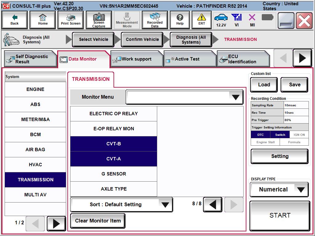 3. In Data Monitor select TRANSMISSION and then select CVT-A. Select TRANSMISSION Select CVT-A 4. Select START. Step 4 Figure 3 5.
