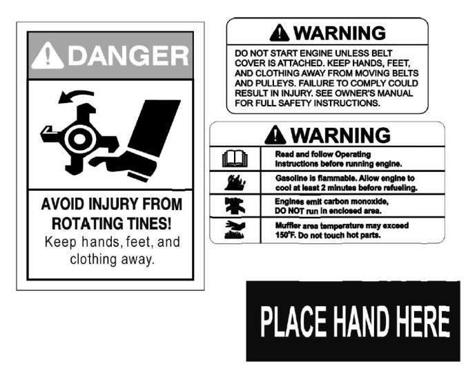 safety labels on the tiller to remind you of this important information while you are operating the unit.
