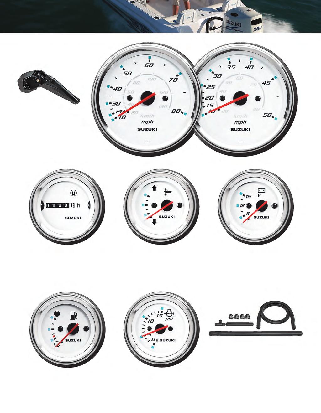 3 4 5 2 1 0 12 13 4 Speedometers Bourdon-tube type speedometer with readings in M.P.H. and Km/h. Includes vinyl tube, plus all installation instructions and hardware.