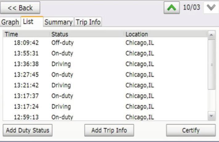 Tap << Prev and Next >> to scroll through day s duty status or trip info entries. Tap Edit to make changes to a non-driving duty status or trip info entry.