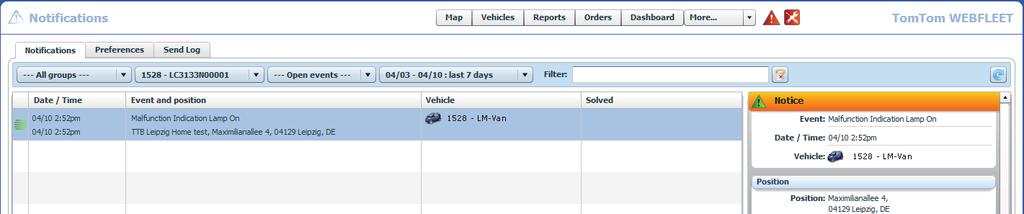If the Malfunction Indicator Lamp in the dashboard of the vehicle turns on and an error is reported by your vehicle to WEBFLEET a notification will inform you about that incident.