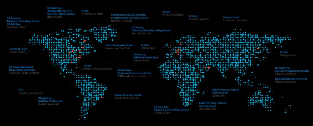 Building a global additive network At GE Additive, we have access to a global network of facilities and resources; covering research, machine and materials