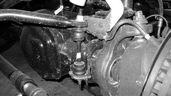 Support the front axle with a hydraulic jack. 5. Disconnect the track bar from the driver's side frame mount. Save hardware. Figure 1 Figure 1 6.