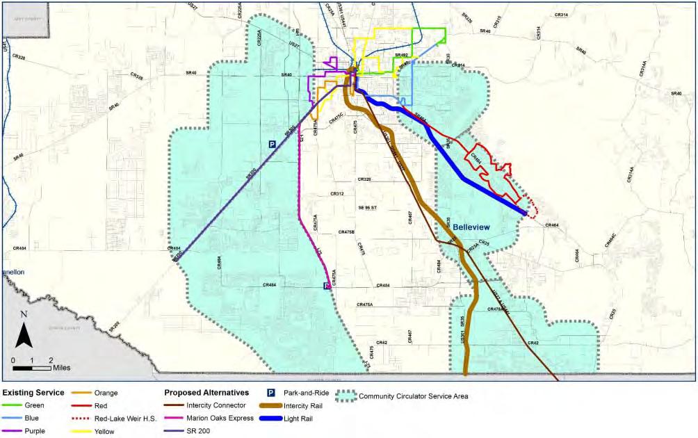 and in southern parts of the county, including Belleview. Dedicated bus lanes are proposed on US 441 and SR/CR 464. Also included in the Needs Plan are light rail and commuter rail services.
