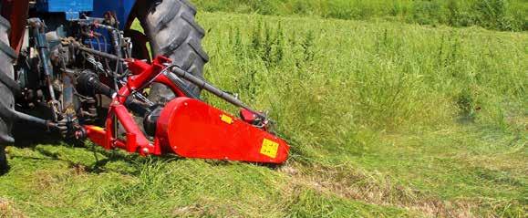 The tilting mower bar allows you to cut on ditches, embankments, and hills. The operating range is from 90 degrees up to 45 degrees down.