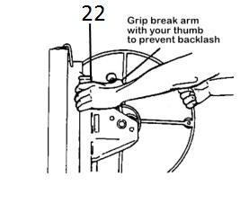 Move the Winch Assembly into Working Position: Hold the winch wheel (29) and brake arm (22).