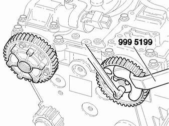 999 5452 Camshaft Adjustment Tool at the rear of the camshafts. Timing gear pulleys with variable valve timing unit: - Remove the plug at the front edge of the variable valve timing unit (TORX 55).