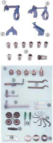 Wheelhead tooth rest assembly with extension bar 2. Grinding wheel guards with extension bar 3. Front stock support 4. Grinding wheel fl anges (set of 5). (4 standard and one extension fl ange) 5.