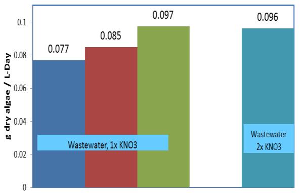 algae production is about 0.085 g algae/ L-Day Thus; urea could be used as a possible nitrogen source. Figure 4: Comparison of one times concentration of KNO 3 vs.