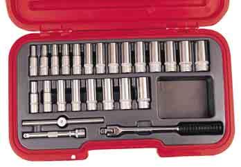 S30M 30 Piece Metric with Screwdriver Bits Sockets: 6, 7, 8, 9, 10, 11, 12, 13, 14, 15, 16, 17, 18, 19, 21 and 22mm. Spark Plug Sockets: M10 and M14. Screwdriver Bits: Slotted 5mm, 6mm. Crosspoint No.