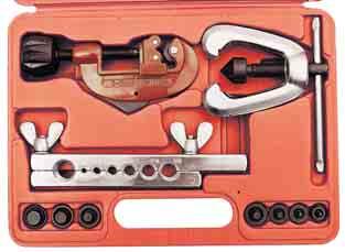 Tube Cutting & Bending Set Contains flaring press, 45 spreader, 30mm capacity tube cutter, tube springs 14, 18, 16 and 20mm dia. Robust moulded case.