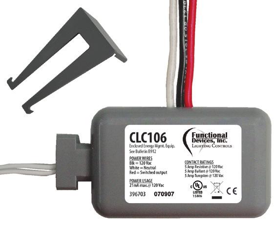 CLC106 Series Enclosed Relay 5 Amp SPST, Separated Class 2 Magnetic Door Switch Input, 120 Vac Power CLOSET LIGHT CONTROLLERS Blk 120 Vac White Control Circuit Red Retaining Clip Made in USA Meets
