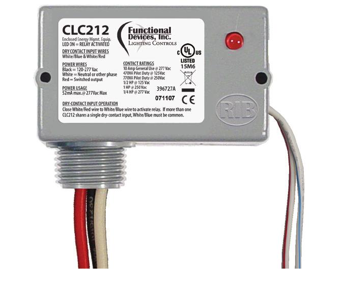CLC212 Enclosed Relay 10 Amp SPST-N/O, Separated Class 2 Dry Contact Input, 120-277 Vac Power CLOSET LIGHT CONTROLLER Blk 120 to 277 Vac Wht or Other Phase Control Circuit Red Dry Contact Input Made