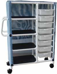 PVC Utility Carts Specifications: 3 shelves Length with handle: 31-1/2 Width between shelves: 12 Comes with 3 stainless steel casters