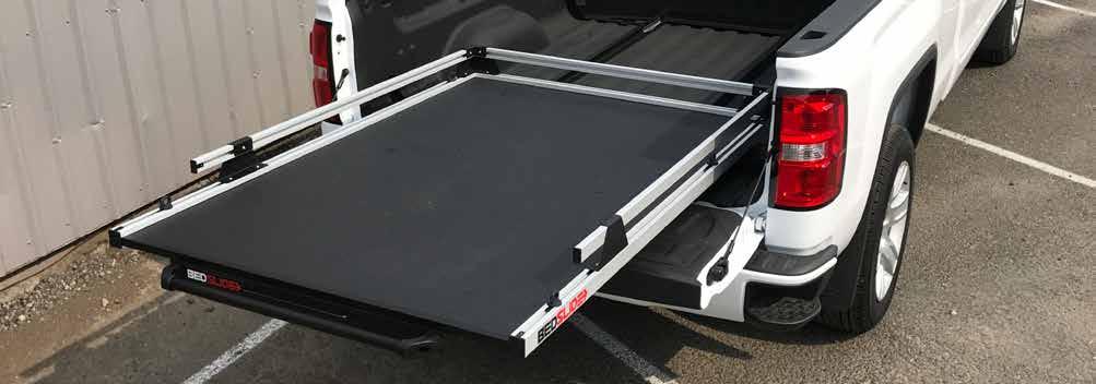 NEVER CRAWL INTO YOUR TRUCK BED AGAIN. SLIDING TRAY SYSTEM BEDSLIDE Reaching for items in your truck bed just got easier, thanks to the sliding drawer system by Bedslide.
