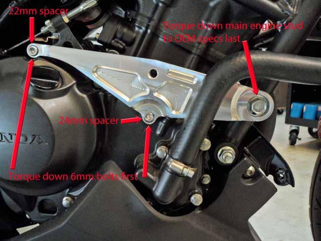 6. Mount right side offset (LOOSELY) by hand using all 3 bolts. Tighten both 6 X 1.00 X 60 (99-HB- SH0610060) socket cap bolts (FIRST) then main OEM engine stud.