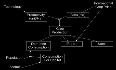 On export, the quantity of export (EX) is determined by international crop price. EX = (1+a5)*log EXt-1 + b*log (IP/IP, t-1) Where; a5 and b = Parameter IP = International price for crop Figure 3.
