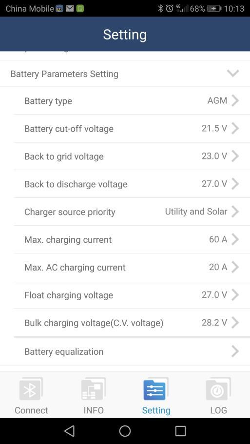 voltage, charger source priority, max charging current, max AC charging