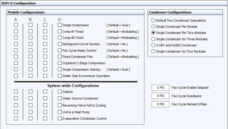 APPENDIX: CONDENSER OPTIONS Single Condenser Per Two Modules Figure 11: Prism 2 Condenser Configuration RSMD Main Configuration Screen #2 - Condenser Options RSMD CONFIGURATION Condenser Options 1