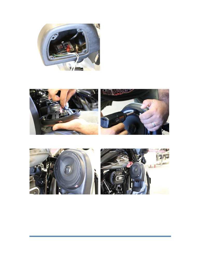 - If installing crossover networks, do so now with supplied double sided tape - Attach speaker wires to speakers - Attach speakers and trim ring to lower fairing with supplied