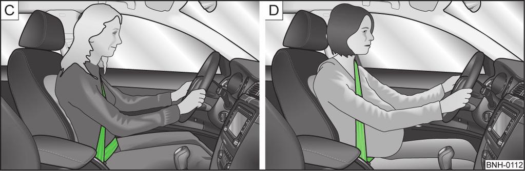 The lap part of the belt must run across the pelvis, must not be positioned across the stomach and must always fit snugly» Fig. 129. Expectant women must also always wear a seat belt.