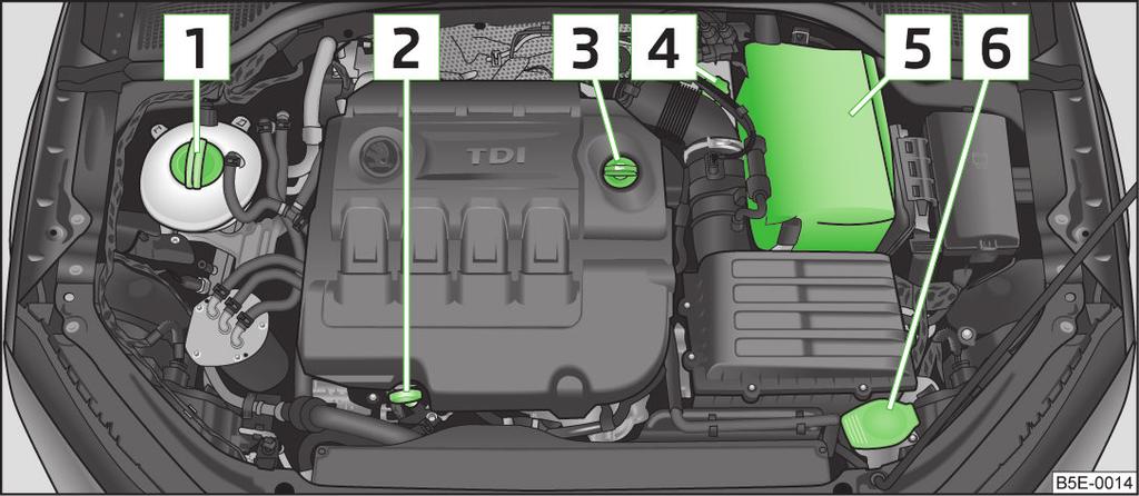 Engine compartment overview Checking the engine oil level Fig. 149 Dipstick Fig. 148 Principle sketch: Engine compartment 1 2 3 4 5 6 on page 169.