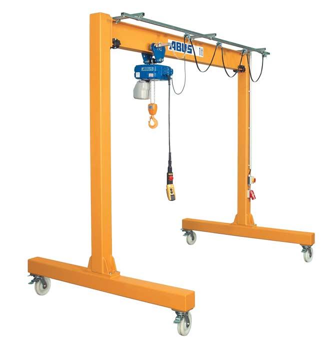 ABUS lightweight mobile gantries. Take it where you need it. ABUS lightweight mobile gantry. Load capacity: up to 2 t Height: up to 5 m Width: up to 7.9 m Lifting power where you need it.
