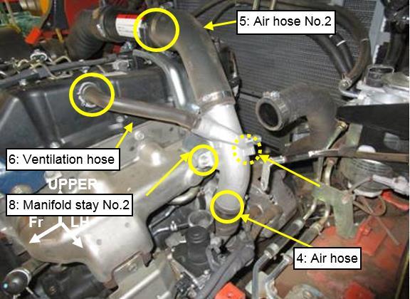 6) Remove the radiator cover 7) Remove the relay block and injector driver 8) Drain coolant Fig.