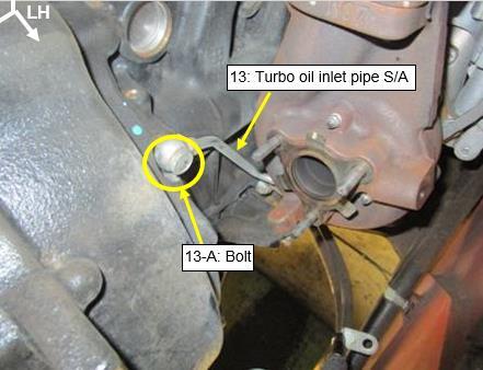 18) Remove rear clamps of turbo water hose and plug/cap as shown to minimize coolant loss.