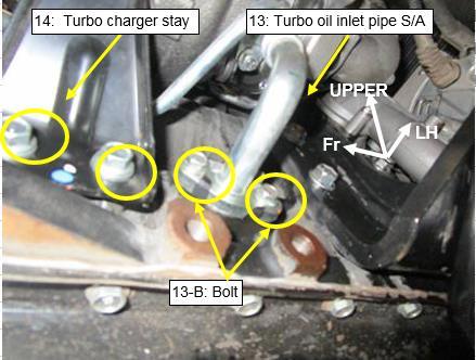 9) 19) Remove front bolt for "13: Turbo oil inlet pipe S/A" (13-A: Bolt) (Fig. 10) 12: Turbo water hose No.